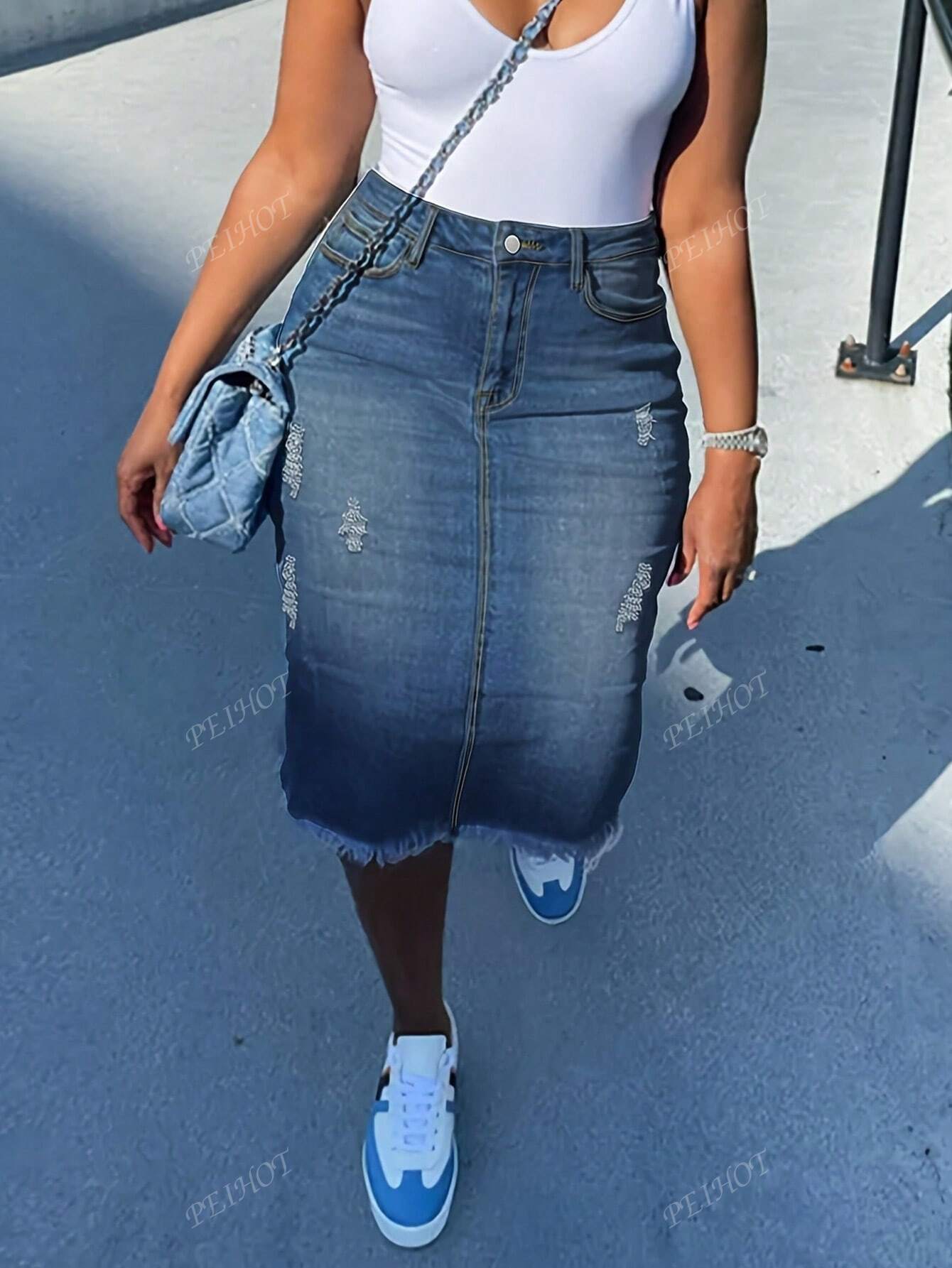 Rebekka™ | Høj Talje Denim Nederdel med Flænset Kanteffekt