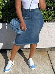 Rebekka™ | Høj Talje Denim Nederdel med Flænset Kanteffekt