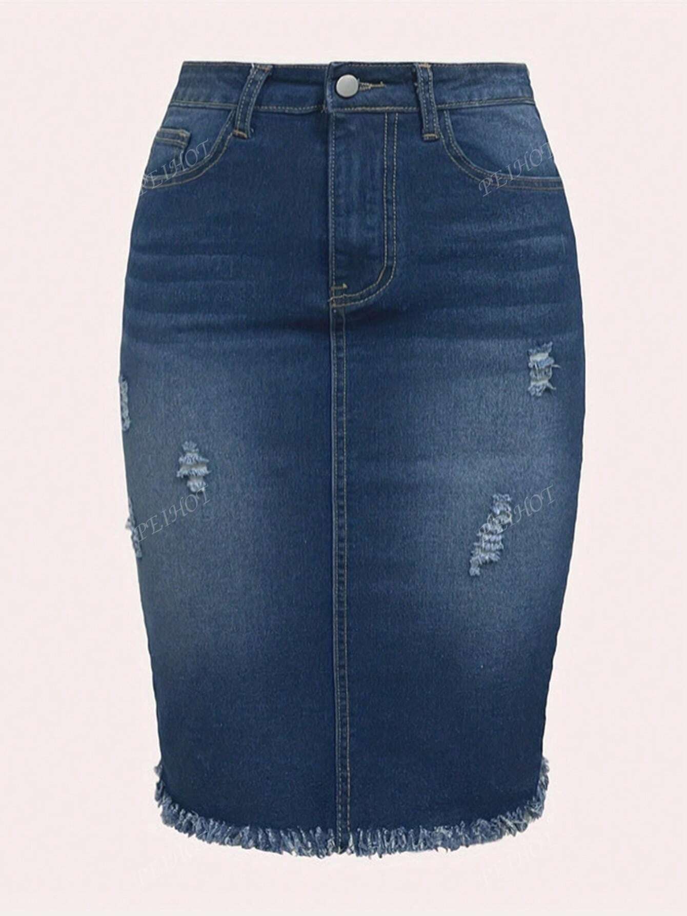 Rebekka™ | Høj Talje Denim Nederdel med Flænset Kanteffekt